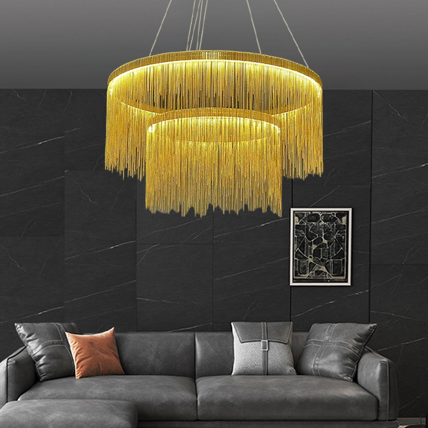 Royal Metal Tassel Living Room Chandelier Pendant Light, Gold, Trichromatic Light