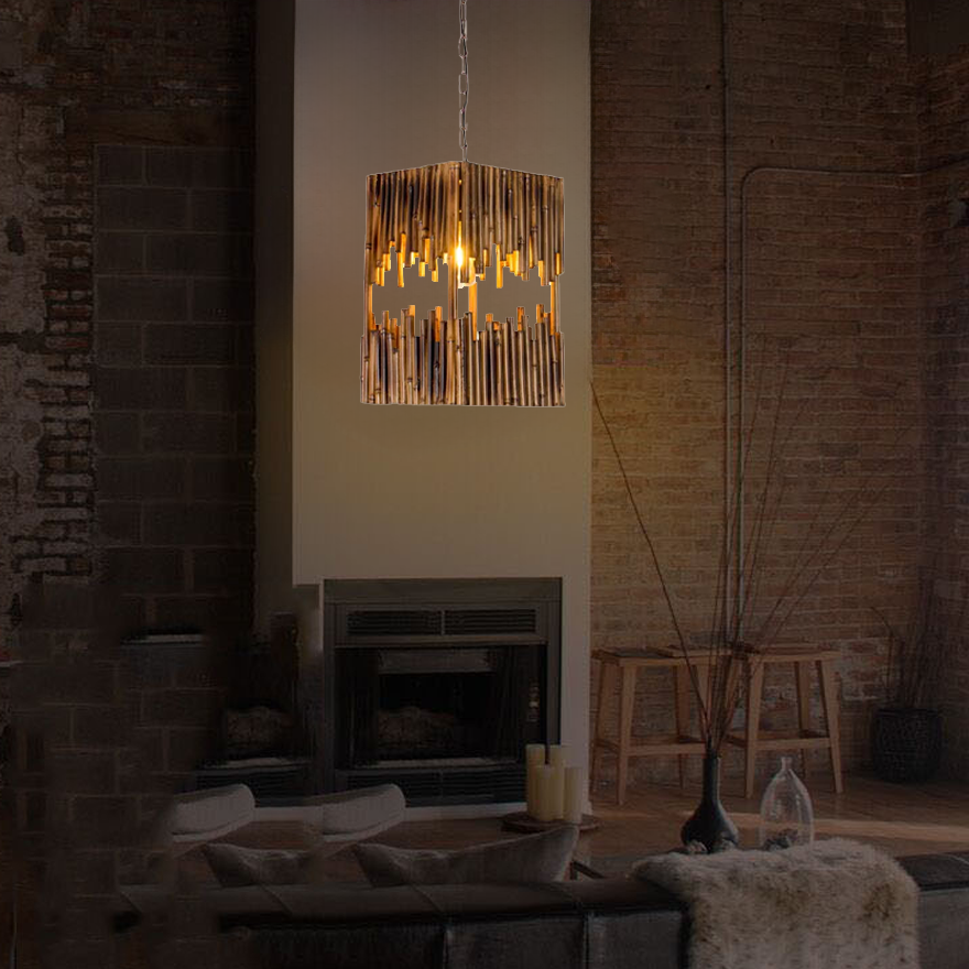 Vintage Metal And Wooden Rectangular Dining Room Pendant Light, Natural Wood