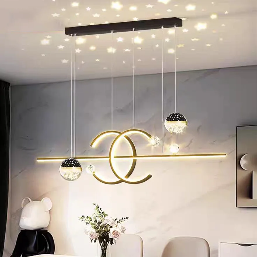 Modern Metal Linear Living Room Pendant Light, Black/Gold, Trichromatic Light