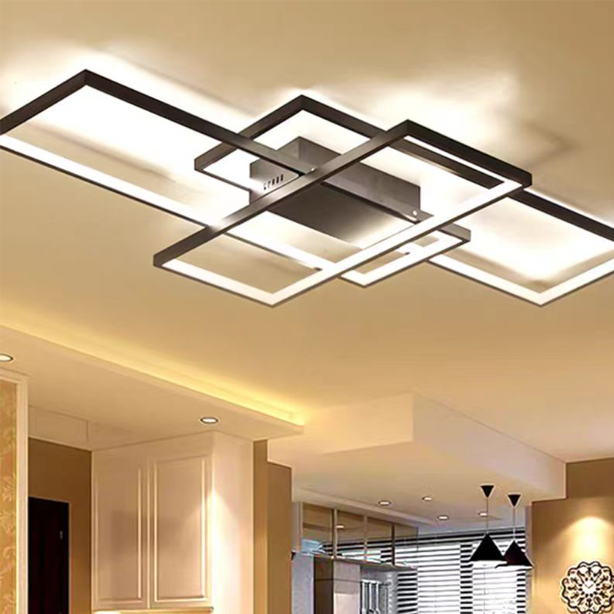 Modern Metal Rectangular Living Room Ceiling Light, Black/White, Trichromatic Light