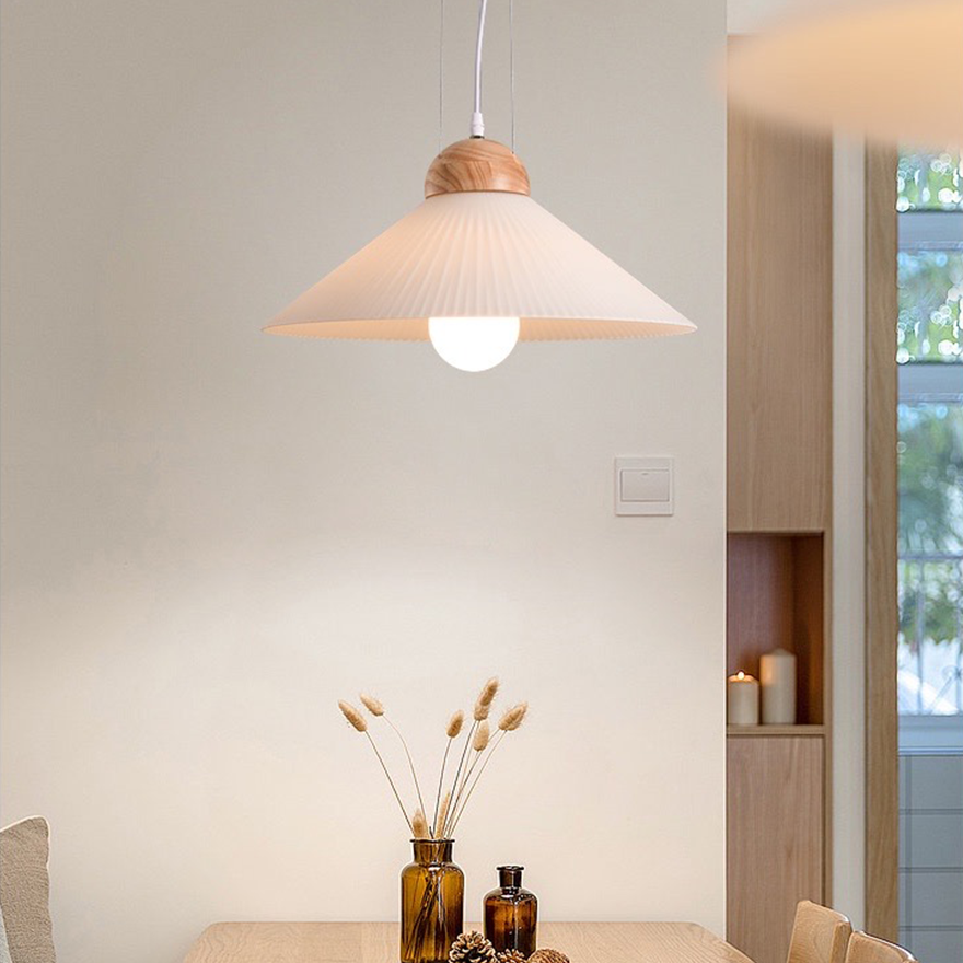 Modern Glass And Wooden Hooded Living Room Pendant Light, Brown