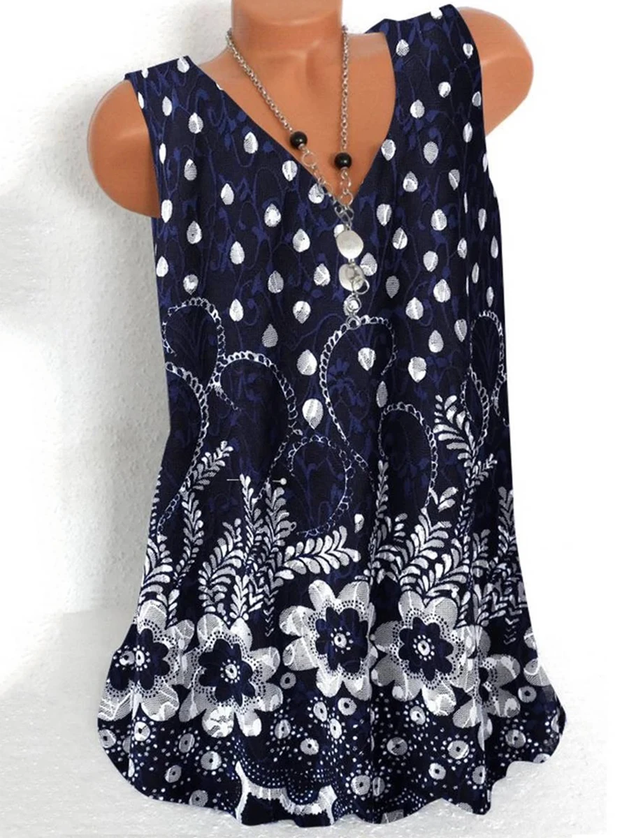 V Neck Printed Sleeveless T-shirt