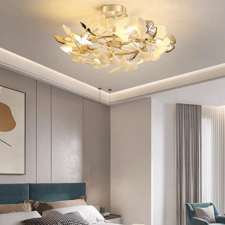 Designer Ceramic And Metal Petal Shaped Dining Room Ceiling Light, Gold-White