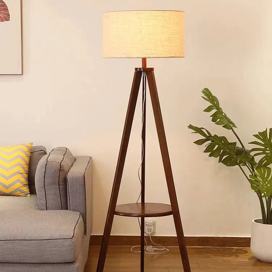 Vintage  Wooden And Fabric Tripod Living Room Floor Lamp, Walnut/Natural Wood