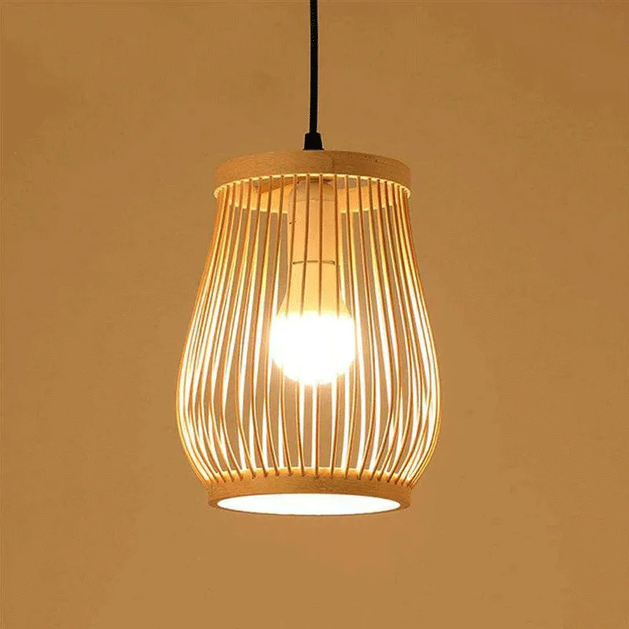 Boho Bamboo Lantern Dining Room Pendant Light, Natural Wood