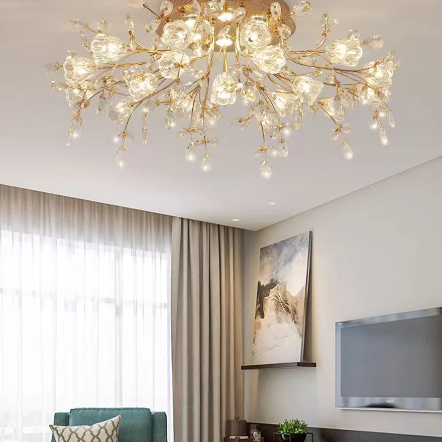 Decorative Metal And Glass Dendritic Living Room Ceiling Light, Gold, Trichromatic Light