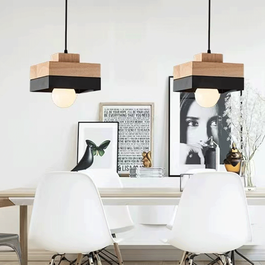 Morandi Metal And Wooden Square Kitchen Pendant Light, Black/White