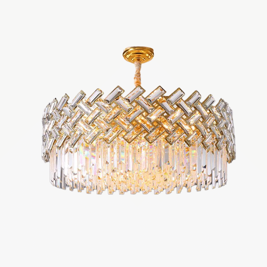 Baroque Metal And Crystal Geometric Dining Room Chandelier Pendant Light, Gold, Trichromatic Light