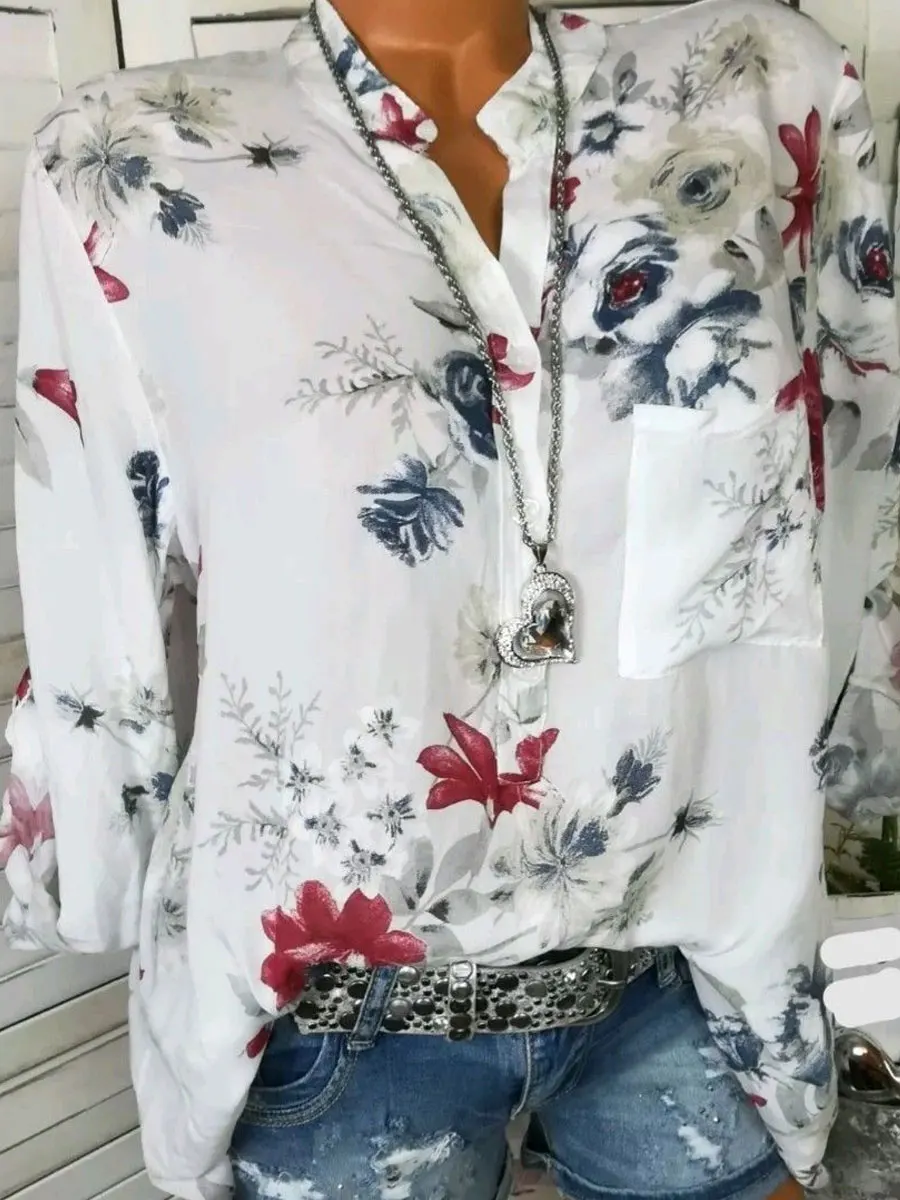 Autumn Spring Summer Cotton V-Neck Button Floral Printed Blouses