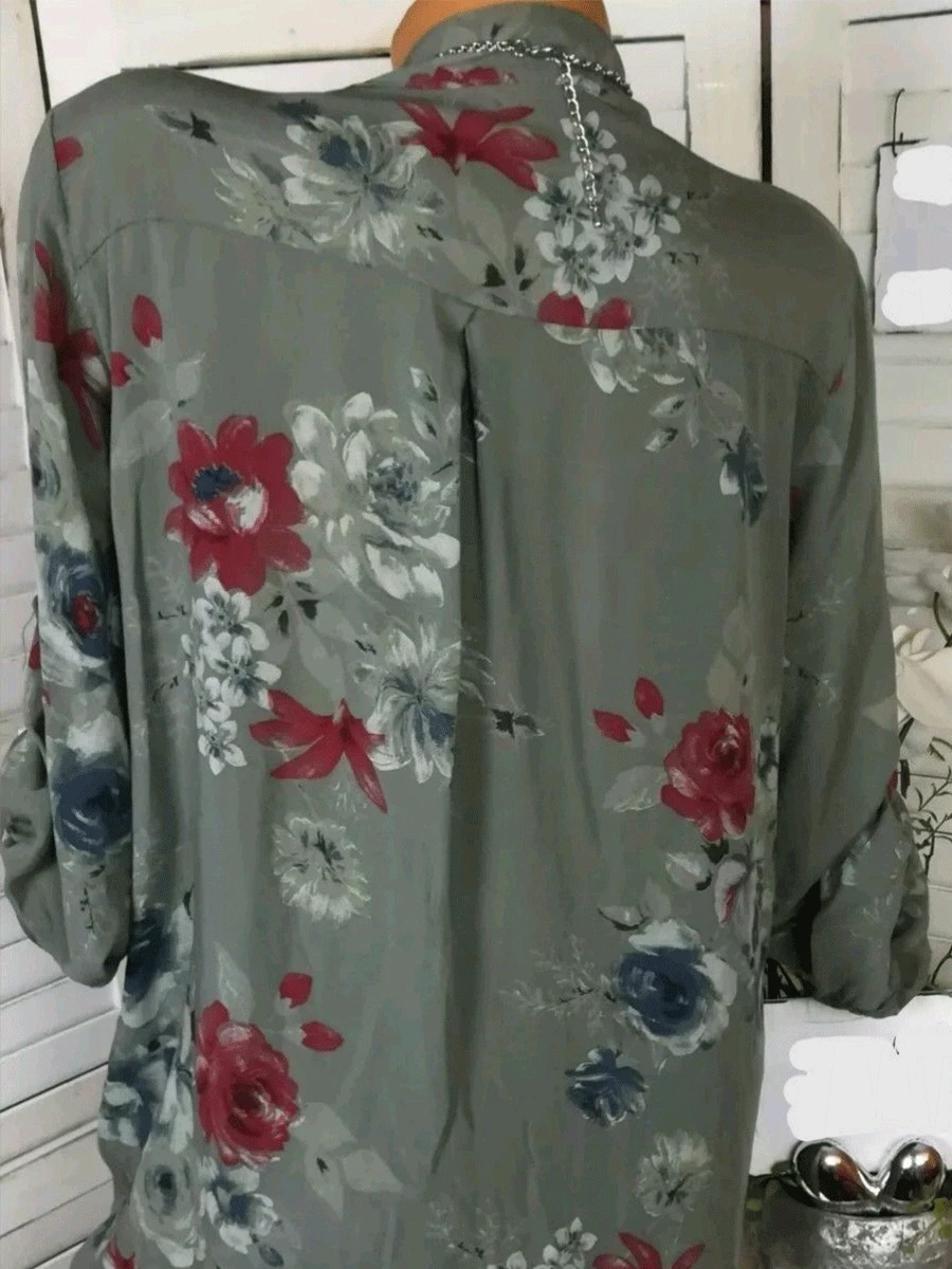 Autumn Spring Summer Cotton V-Neck Button Floral Printed Blouses