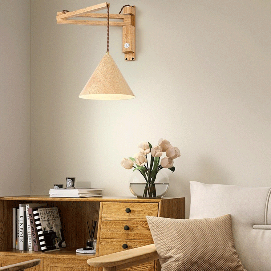 Boho Wooden Conical Bedside Wall Lamp, Walnut/Log Color