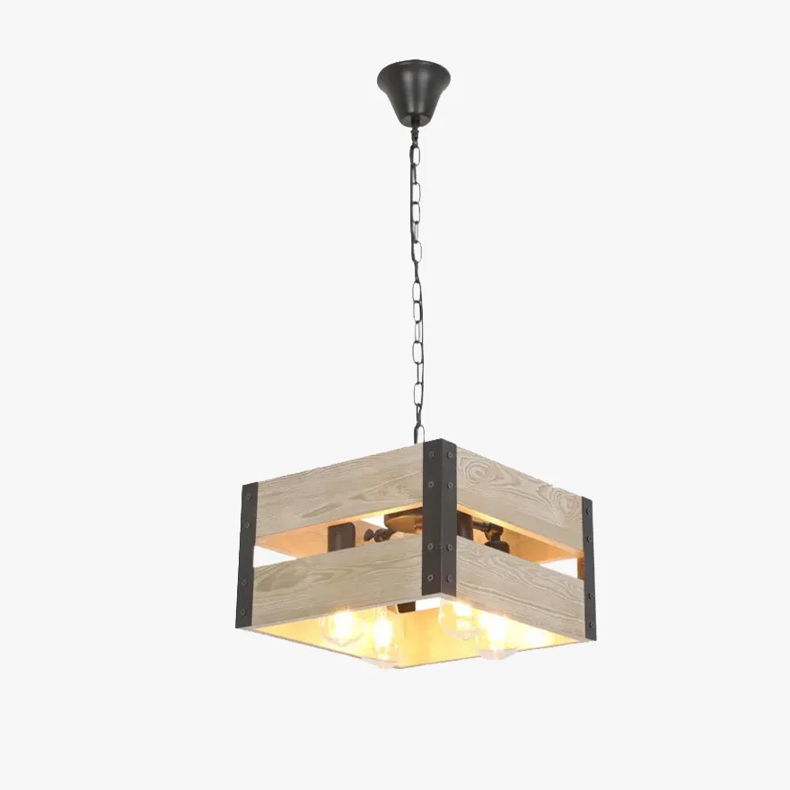 Natural Metal And Wooden Square Bedroom Pendant Light, Brown/Natural Wood