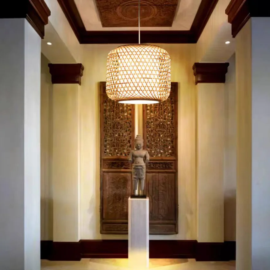 Boho Rattan And Bamboo Lantern Dining Room Pendant Light, Burlywood