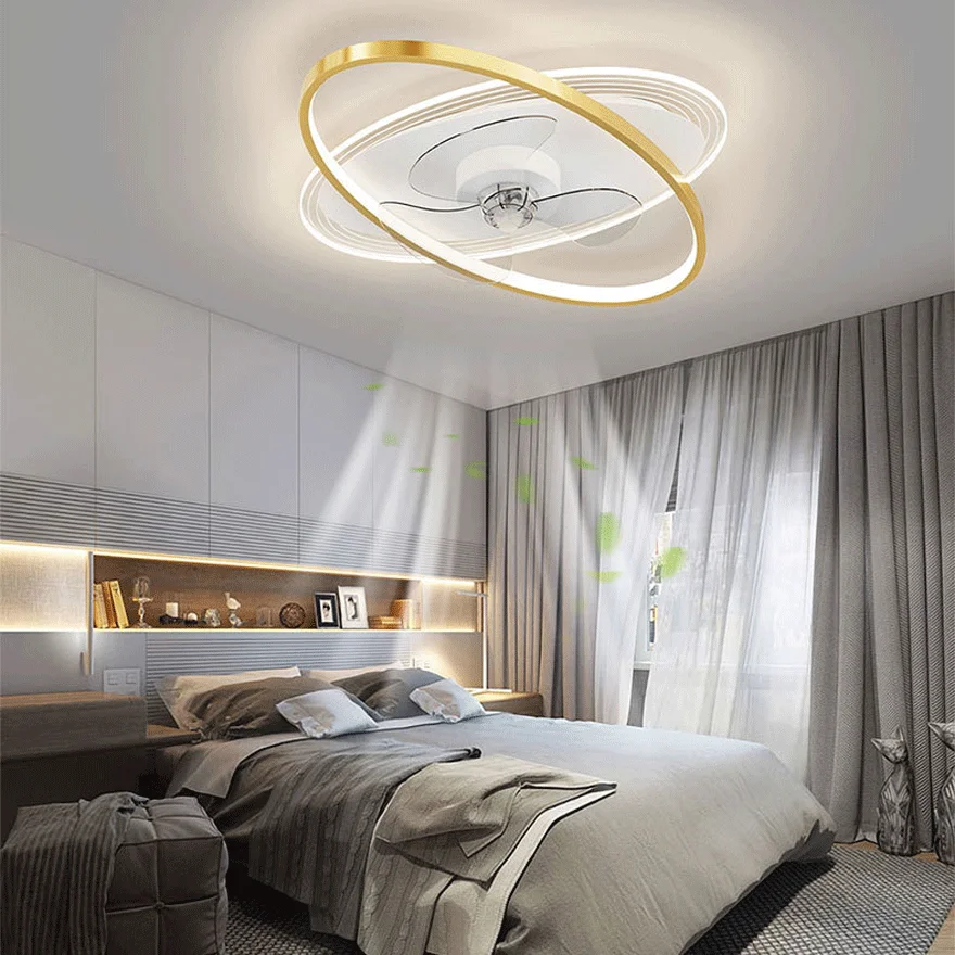 Contemporary Metal And Acrylic Ring Bedroom Ceiling Fan with Light, Black/Gold, Trichromatic Light