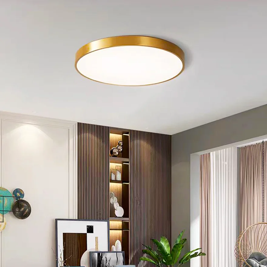 Modern Pure Copper Round Living Room Ceiling Light,Gold