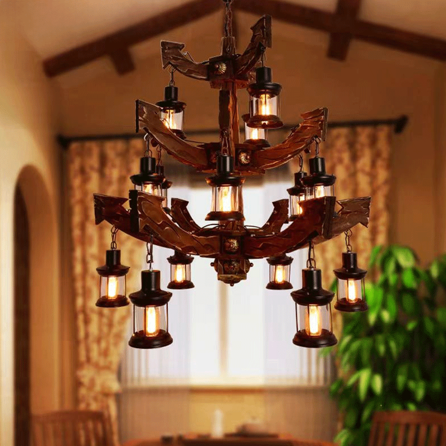 Retro Metal And Wooden Anchor Kitchen Chandelier Pendant Light, Walnut