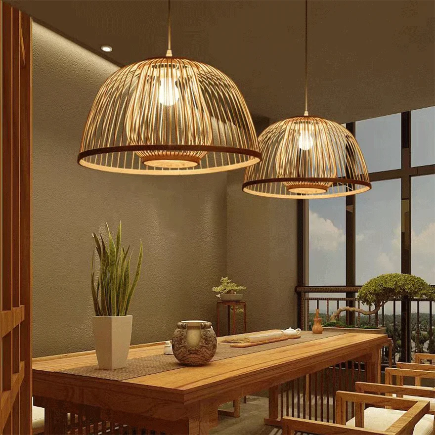 Boho Bamboo Bowled Study Room Pendant Light, Log Color