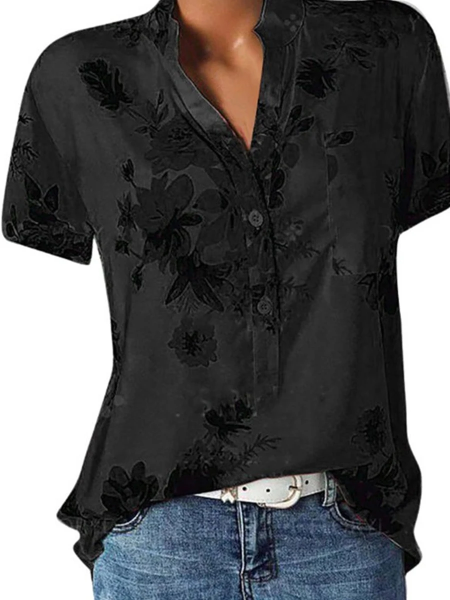 V Neck Loose Fitting Floral Printed Blouses