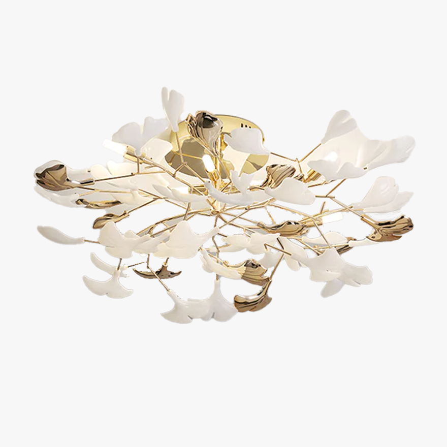 Designer Ceramic And Metal Petal Shaped Dining Room Ceiling Light, Gold-White