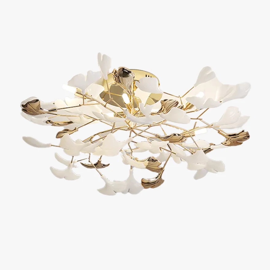 Designer Ceramic And Metal Petal Shaped Dining Room Ceiling Light, Gold-White