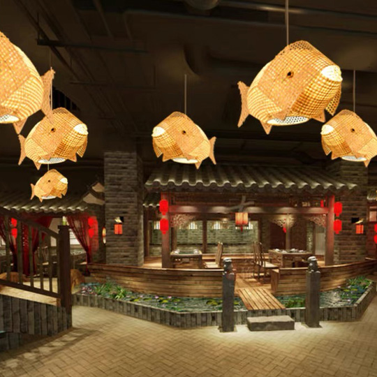 Boho Bamboo Fish Dining Room Pendant Light, Log Color