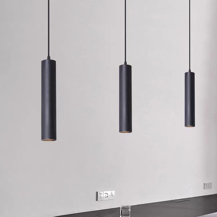 Minimalist Metal Cylindrical Living Room Pendant Light, Black, Trichromatic Light