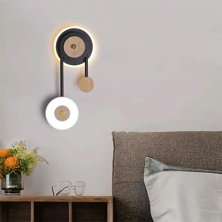 Modern Wooden And Acrylic Round Bedside Indoor Wall Lamp, Black