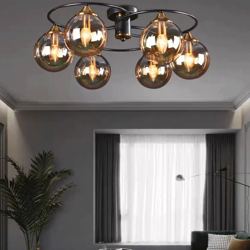 Modern Metal And Glass Bubble Living Room Chandelie Pendant Light, Amber/Smoky gray