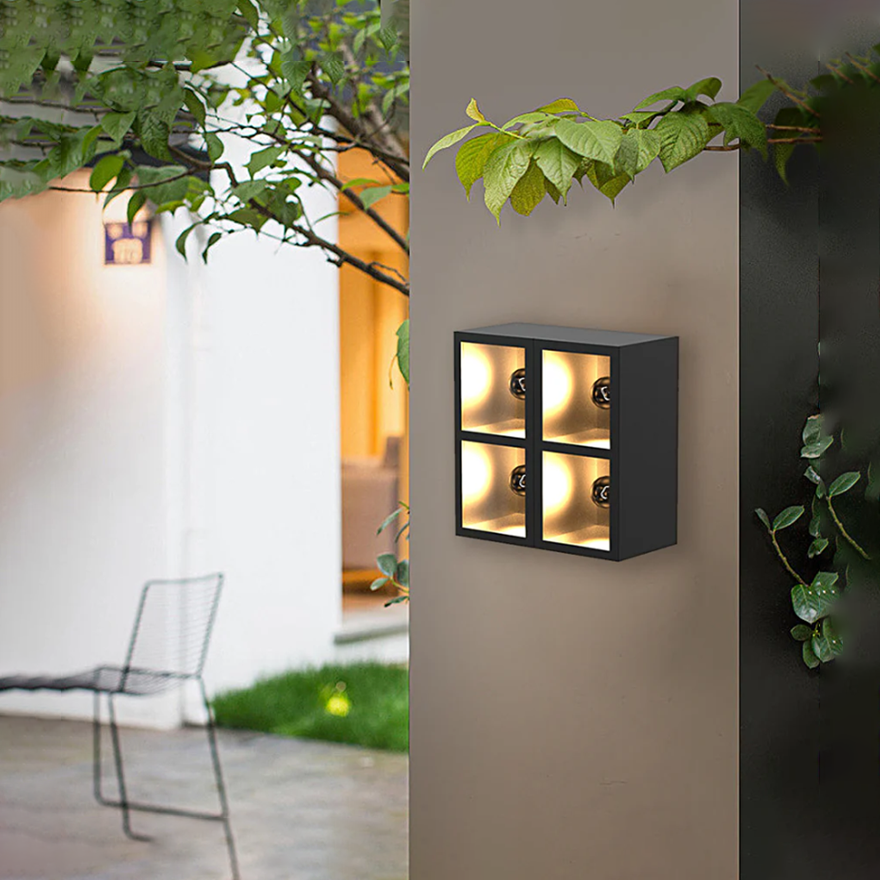 Modern  Metal And Glass Cube Outdoor Wall Lamp, Black