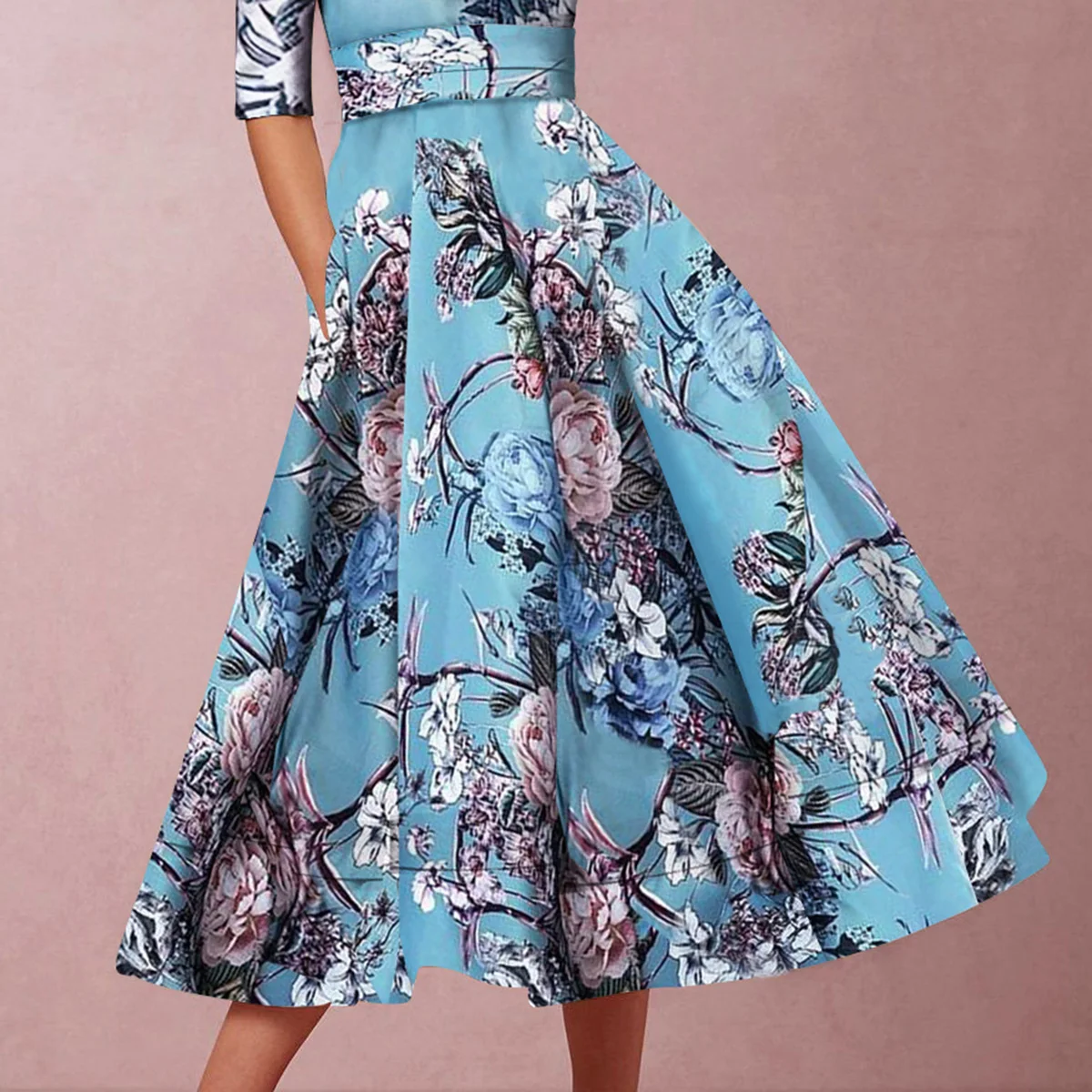 Sexy Lake Blue Half Sleeves Floral Print Skater Dress