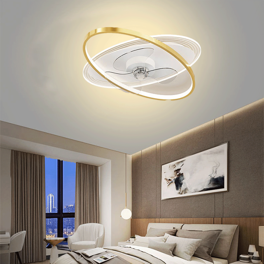 Contemporary Metal And Acrylic Ring Bedroom Ceiling Fan with Light, Black/Gold, Trichromatic Light