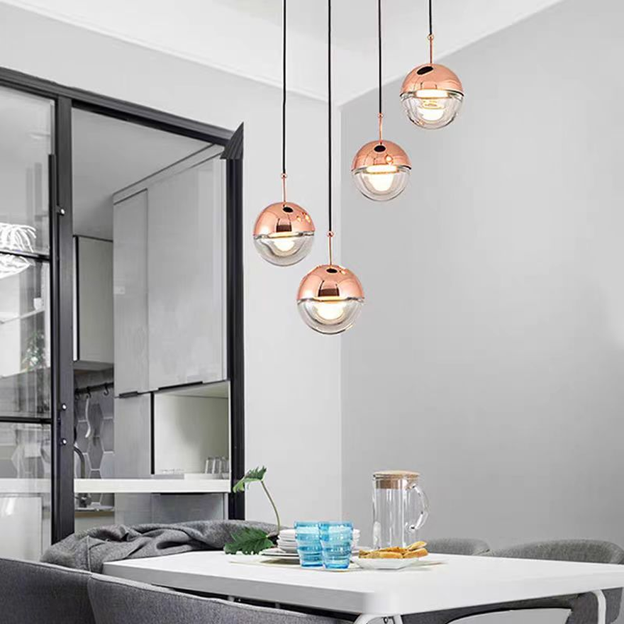 Designer Metal And Glass Globular Bedroom Pendant Light, Gold/Rose Gold