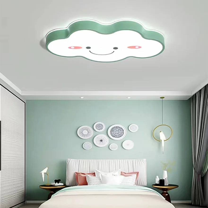 Decorative Wooden And Acrylic Cloud Children's Room Ceiling Light, Green/Pink/White, Trichromatic Light