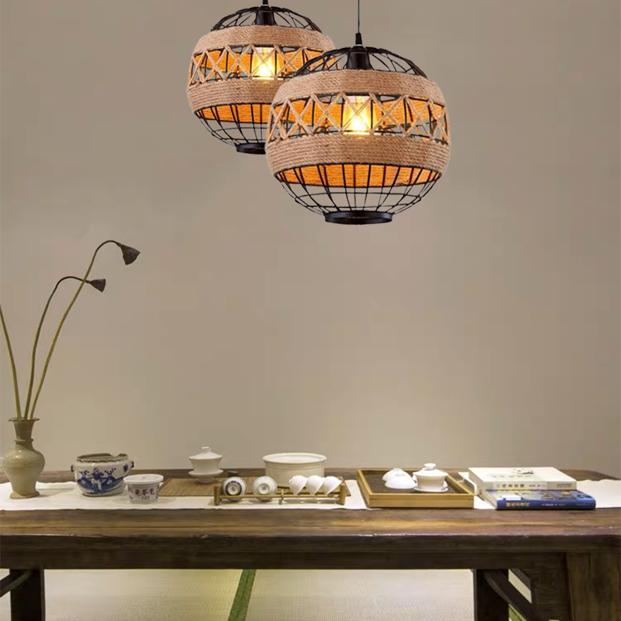 Modern Metal And Rope Lantern Dining Room Pendant Light, Black