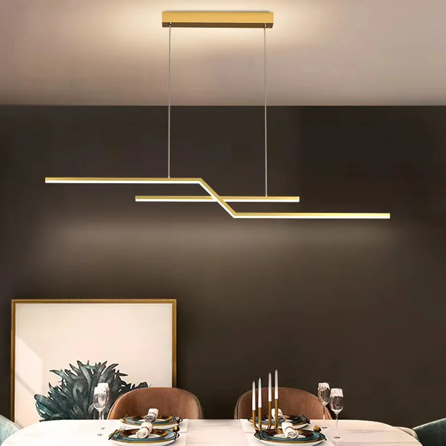 Minimalist Metal Linear Living Room Chandelier Pendant Light, Black/Gold, Trichromatic Light