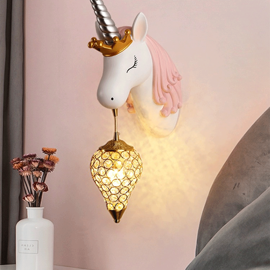 Art Deco Acrylic Unicorn Study Room Wall Lamp, Pink/ Blue