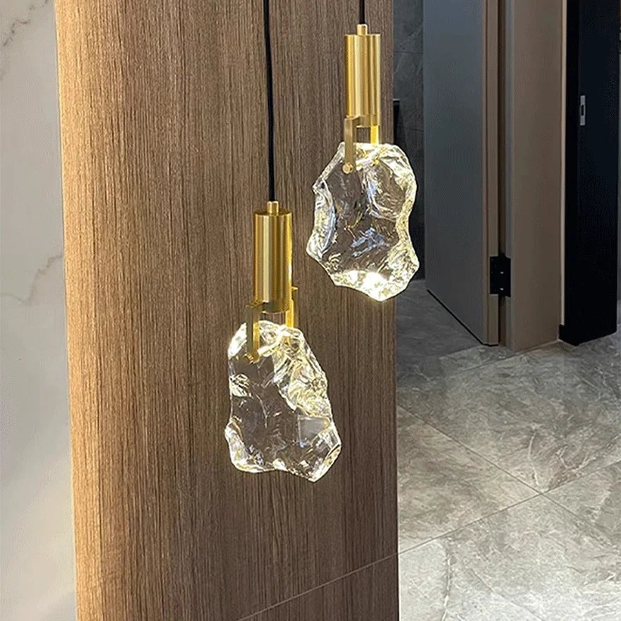 Modern Metal And Crystal Uneven Bedroom Pendant Light, Brass