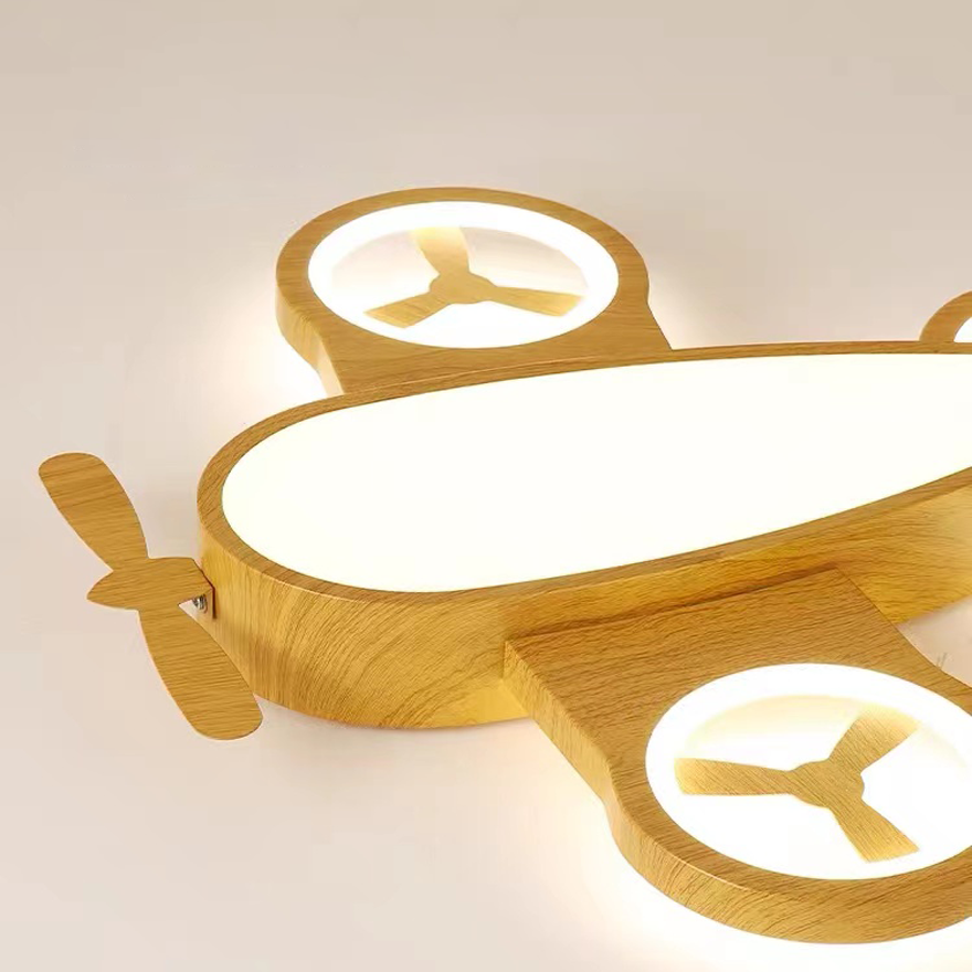 Designer Wooden And Acrylic Plane Children's Room Ceiling Light, Burlywood/Log Color, Trichromatic Light