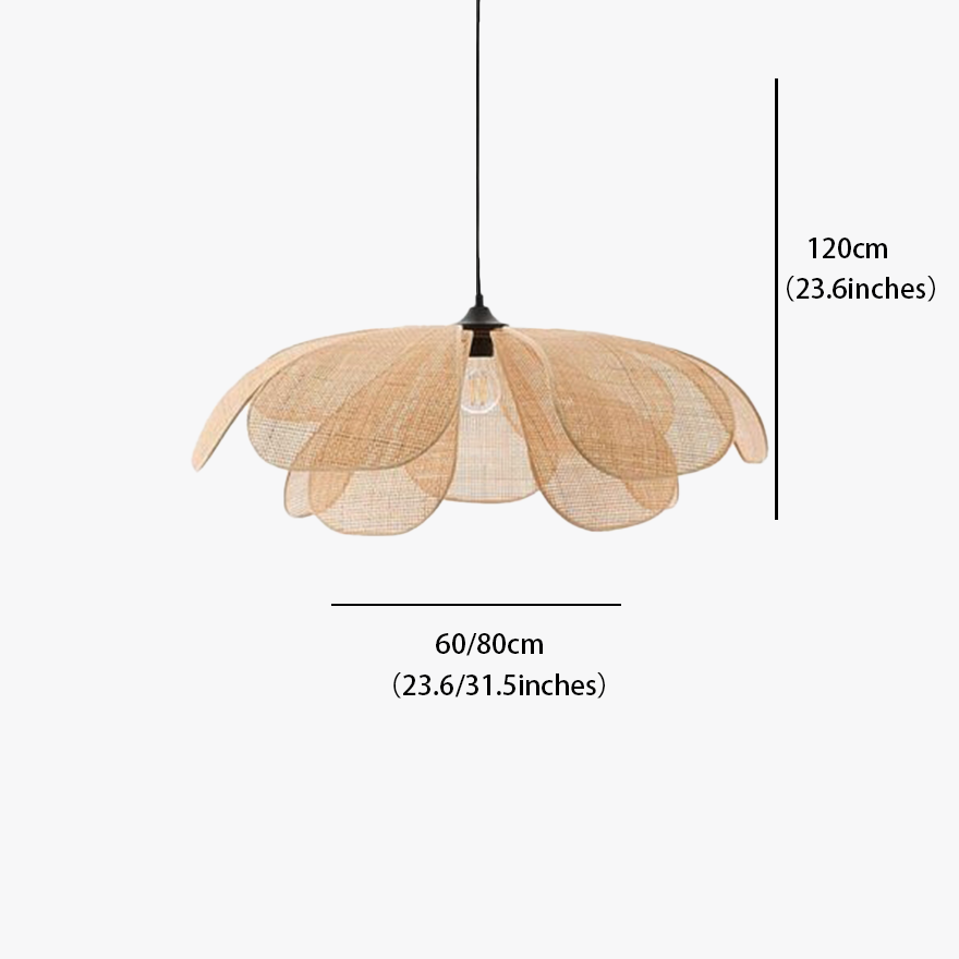 Art Deco Metal And Rattan Floral Bedroom Pendant Light, Natural Wood