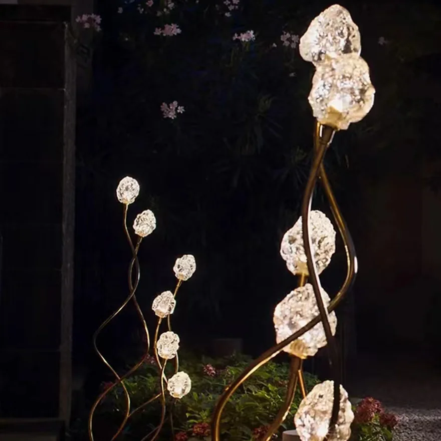 Art Deco Metal And Glass Floral Outdoor Decoration Ground Light, Clear