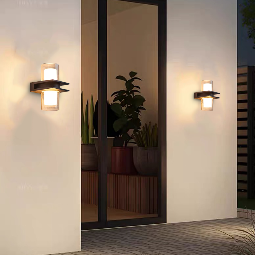 Modern Metal And Glass Cylindrical Outdoor Wall Lamp, Black