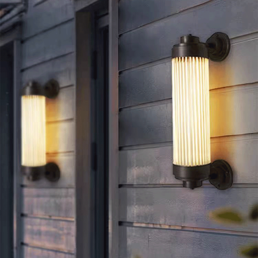 Modern  Metal And Glass Cylindrical Outdoor Wall Lamp, Antique Brass