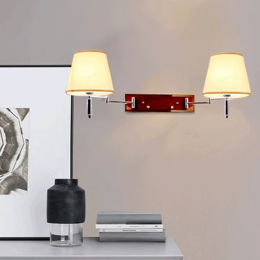 Modern Metal And Fabric Hooded Living Room Wall Lamp, Silver/Dark Wood/Light Wood