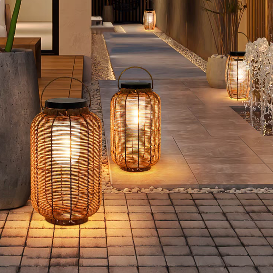 Natural Metal And Imitation Rattan Courtyard Outdoor Floor Light, Natural Wood