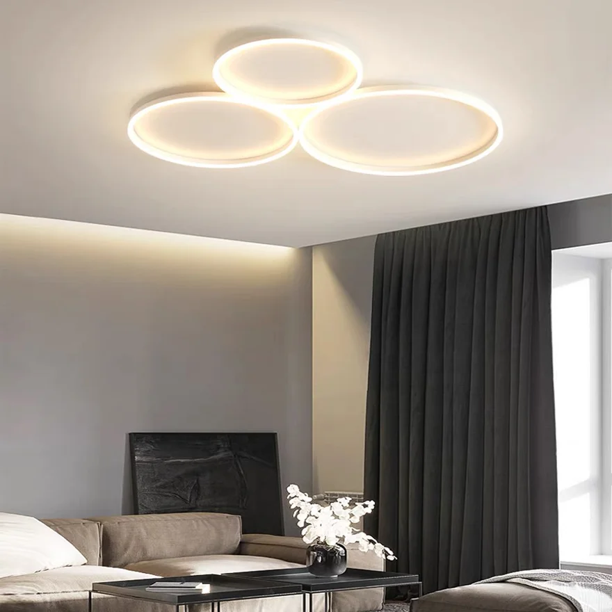 Minimalist Metal Round Bedroom Ceiling Light, Black/Gold/White, Trichromatic Light