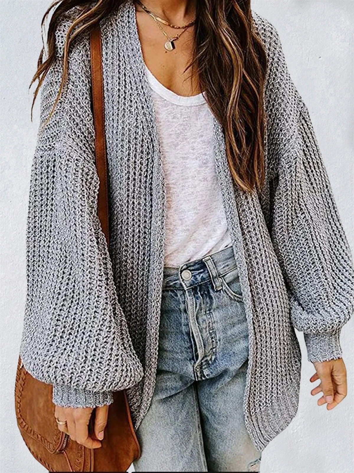 Women's Solid Color Lantern Sleeve Loose Knitted Cardigan Sweater