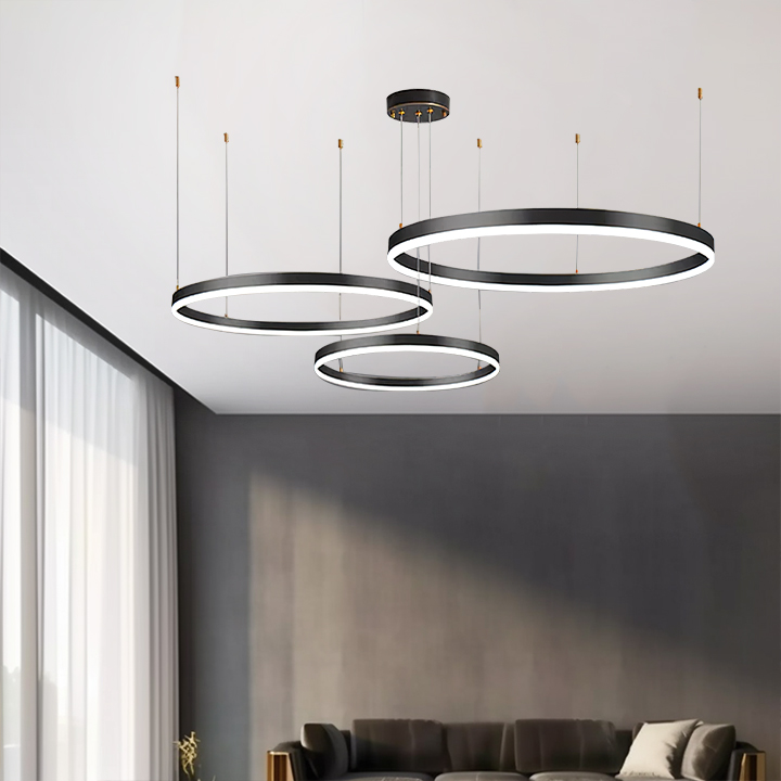 Contemporary Metal Ring Bedroom Pendant Light, Black/Brown/Gold, Trichromatic Light