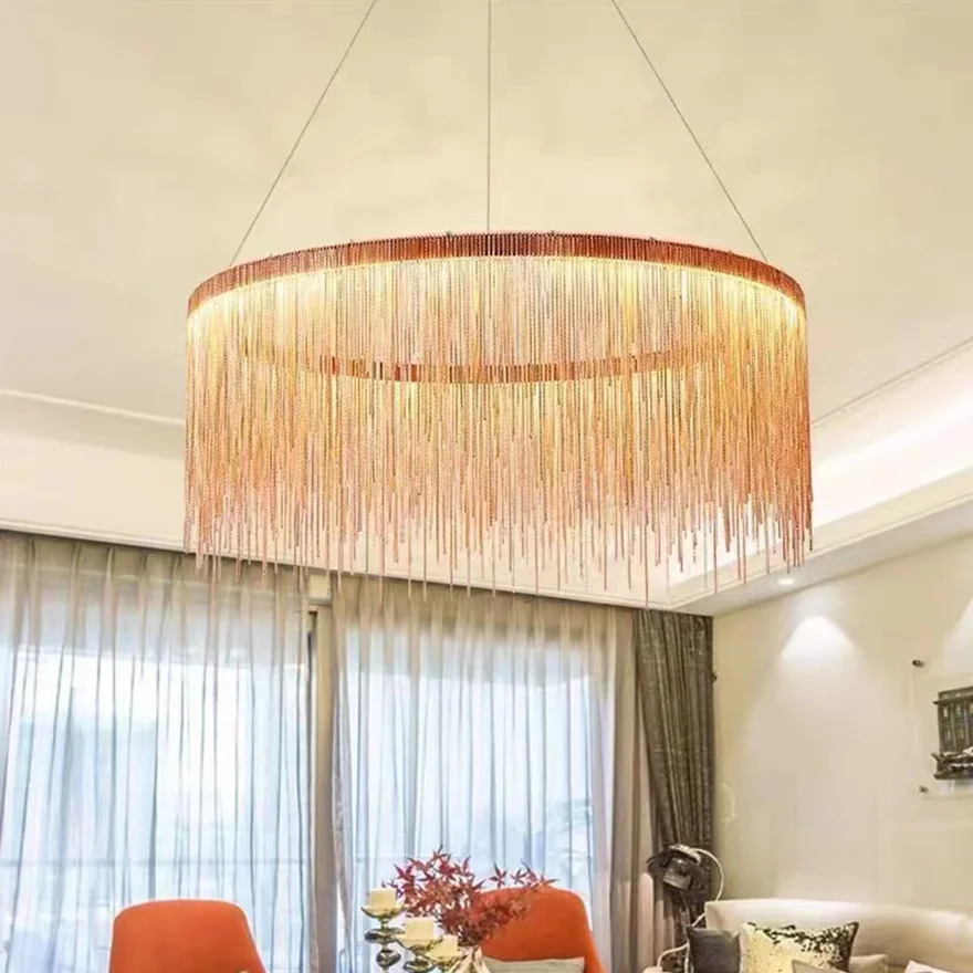 Royal Metal Tassel Living Room Chandelier Pendant Light, Gold, Trichromatic Light