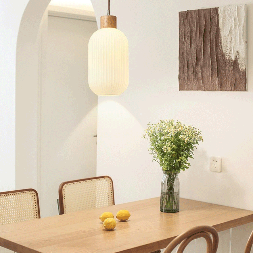 Minimalist Wooden And Glass Lantern Bedroom Pendant Light, White