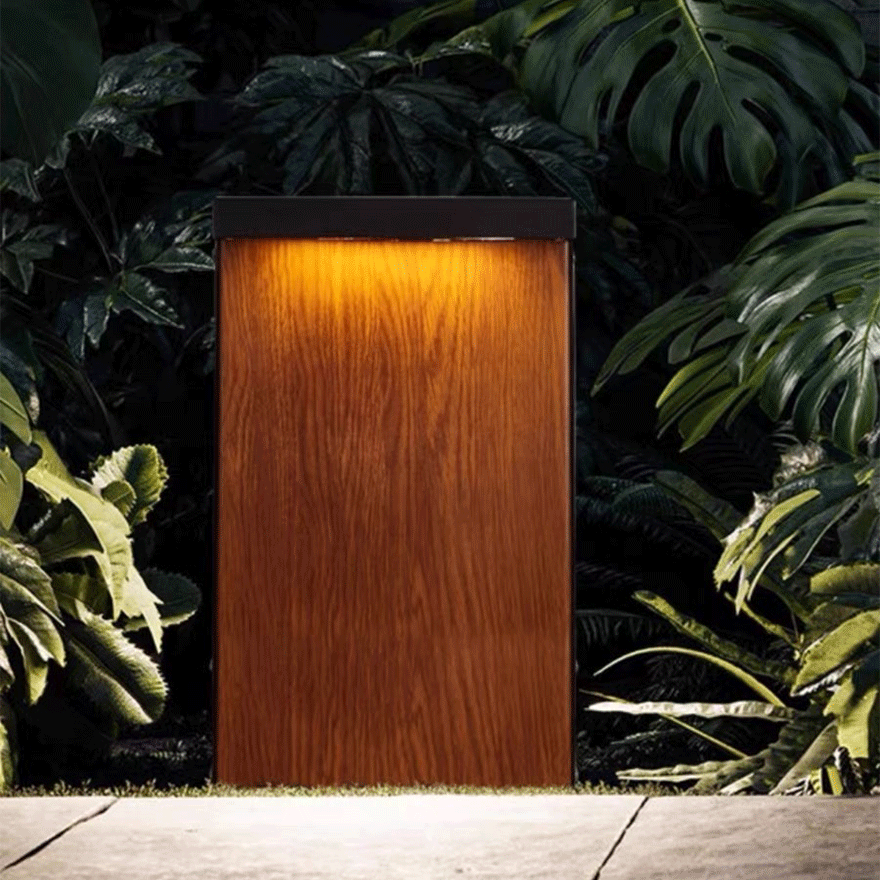 Minimalist Metal Rectangular Terrace Outdoor Lamp, Natural Wood